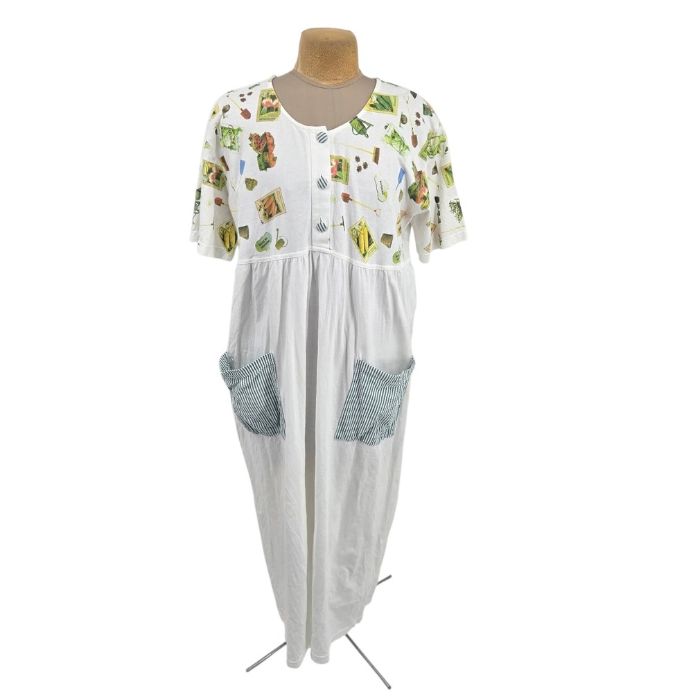 Julie Mango House Dress Women 1X Garden Seed Packet Vintage 90s Cotton Lagenlook